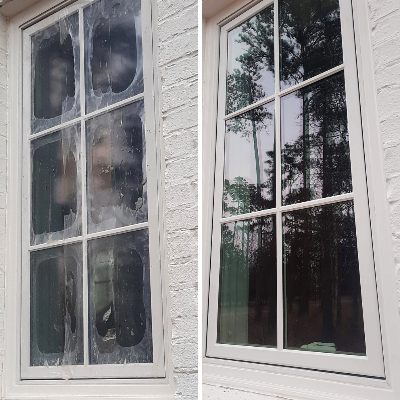 A before and after comparison of the results of our post construction window cleaning services.