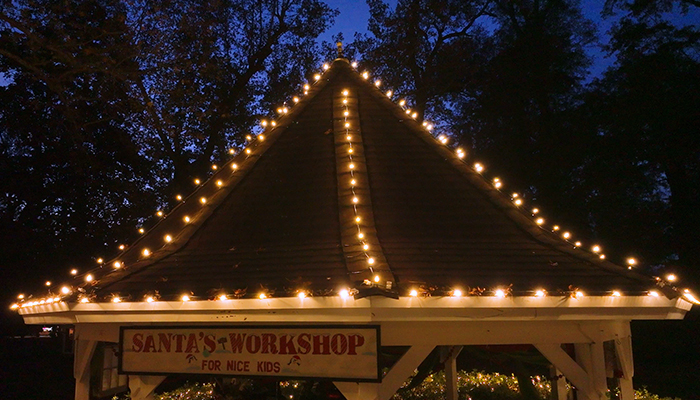 pavilion with holiday lights by window ninjas