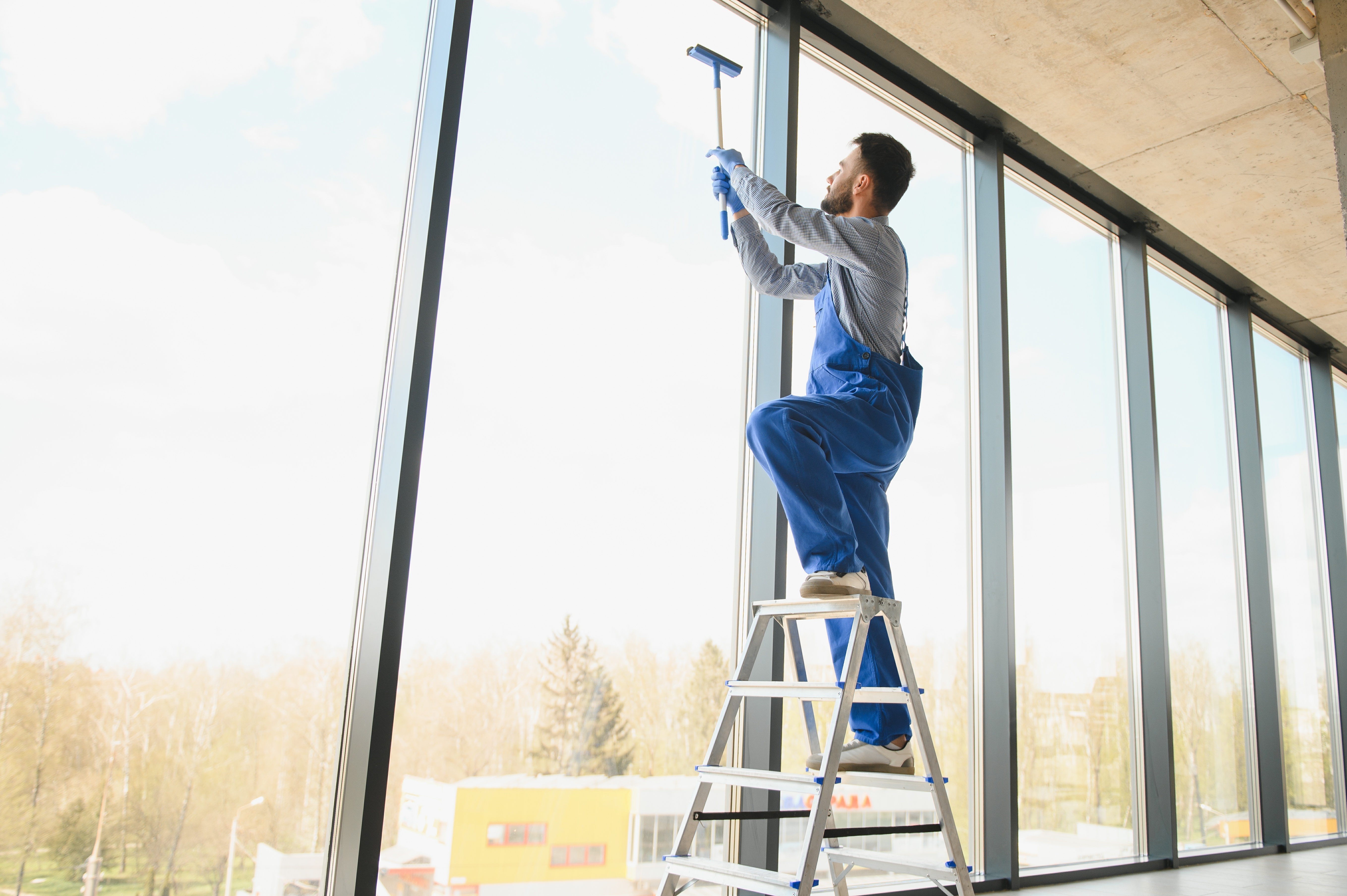 A Window Ninjas technician cleaning an office window.